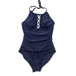 Firpearl Womens‎ One Piece Navy Halter Swimsuit 8 Cut Out Slimming Ruched Belly